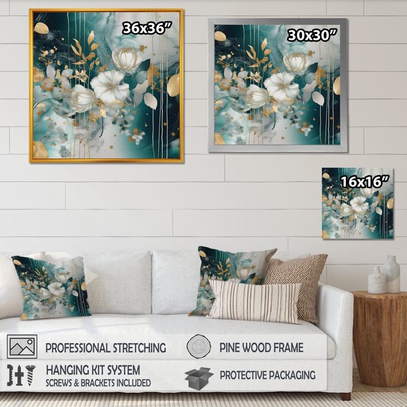 " Golden Blue Marble Flowers I ", 16" H x 16" W x 1" D, Gold Floater Framed