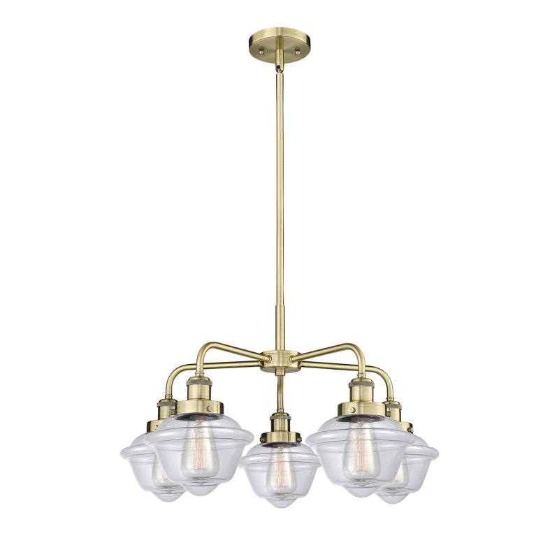 Grourke 5 - Light Glass Dimmable Chandelier, Antique Brass, Clear