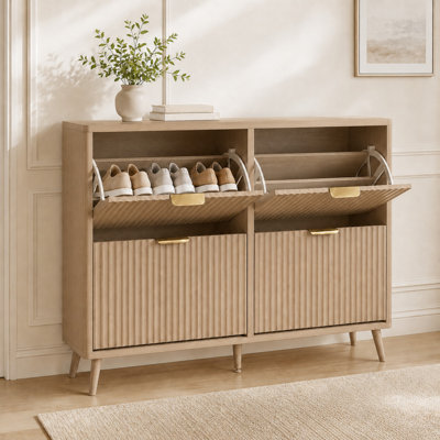Shoe Cabinet With 4 Flip Drawers, Wooden Shoe Organizer With Hidden Storage, For Hallway And Entryway