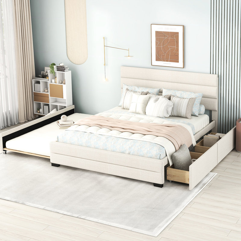 Queen Upholstered Platform Bed with Trundle & 2 Storage Drawers, Modern Bedroom Furniture, Beige