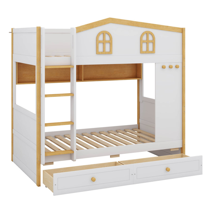 Playhouse-Style Bunk Bed With Drawers, Wooden Bunk Bed With Built-In Storage Racks And Ladder For Play, Twin Over Twin