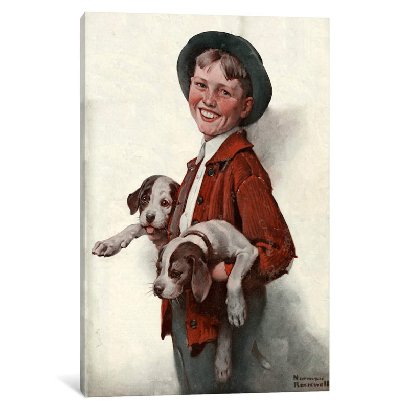 «Boy with Puppies», peinture sur toile tendue, H 12 po x l 8 po x P 0,75 po, Toile tendue, Pas de tapis