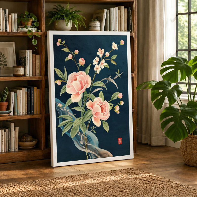 Roses in Teal Japandi - Wrapped Canvas, 18x12 - 45.7 x 30.5 cm, Ochre Border