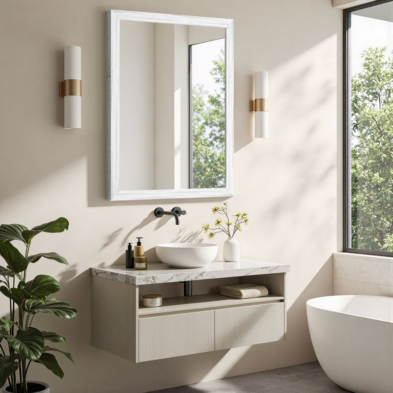 Tempered Glass Wall-Mounted Mirror, Shatter-Resistant Reinforced Design, Vertical/Horizontal Hanging Installation, White Wood