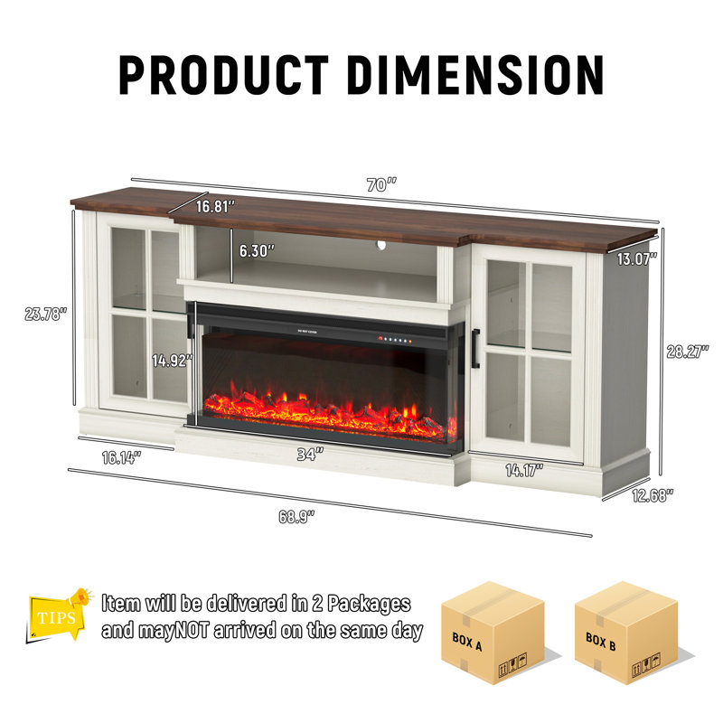 70" 3-sided Fireplace Tv Stand For Tvs Up To 80", Entertainment Center With 34" Electric Fireplace,led Light Tv Consoles For Living Room,farmhouse Highboy Media Console W/glass Door Cabinet