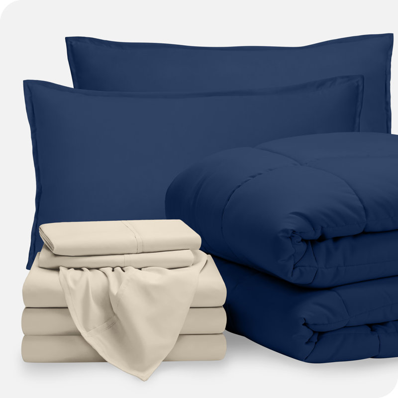 Microfiber Bed-In-A-Bag, Dark Blue/Sand, Split King Comforter + 7 Additional Pieces