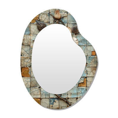 Deans White Rose Vintage Stone Wall - Rose Asymmetrical Decorative Wall Mirror, Beige Unique Shape Large Mirror, Printed Metal Art
