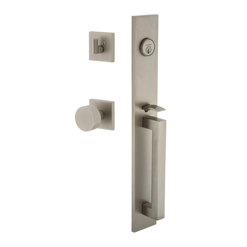 Viaggio Quadrato One-Piece Handleset With D Grip And Quadrato Rosette With Circolo Knob, 2.75", Satin Nickel
