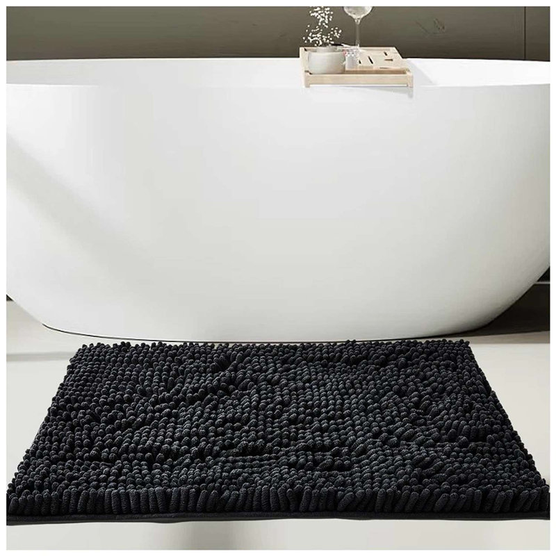 Chenille Bathroom Rug 50x80cm Plush Microfiber Bath Mat Absorbent Quick Dry Non Slip Rubber Back Machine Washable, Black