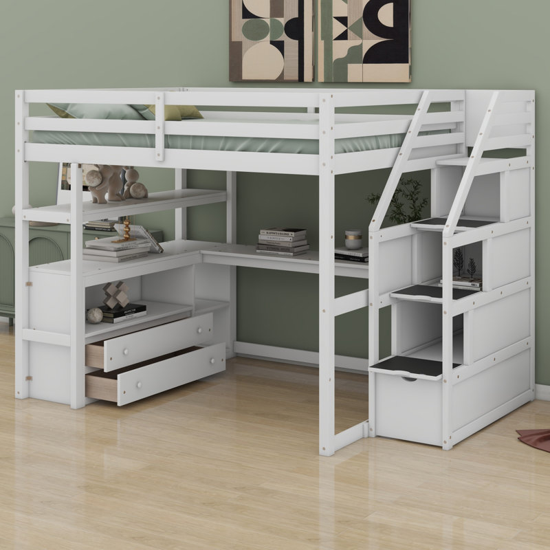 Lit mezzanine double avec bureau et tablettes, Blanc