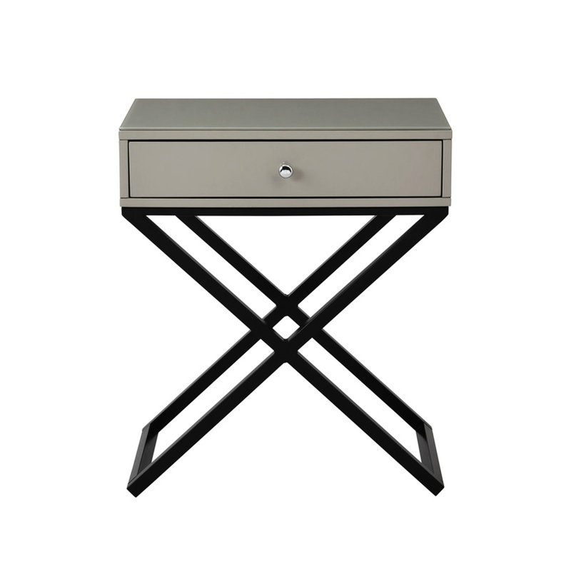 Table d'appoint taupe avec plateau en verre trempé, tiroir et base en métal 23 po x 26,5 po