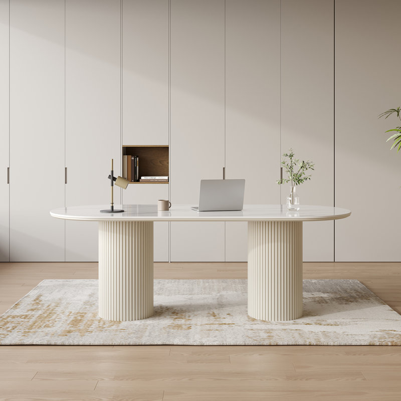 Oval Stone Writing Desk, White, 29.53" H x 70.87" W x 35.43" D