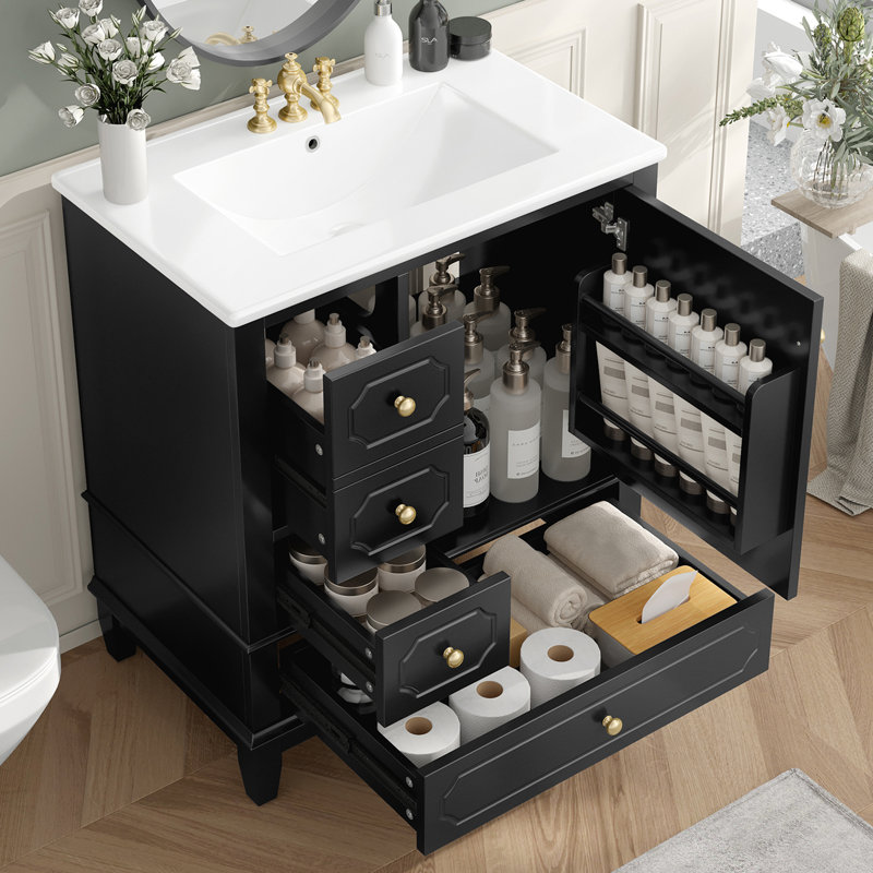 30" Freestanding Bathroom Vanity With Single Sink, 3 Drawers And Door Shelf, Noir