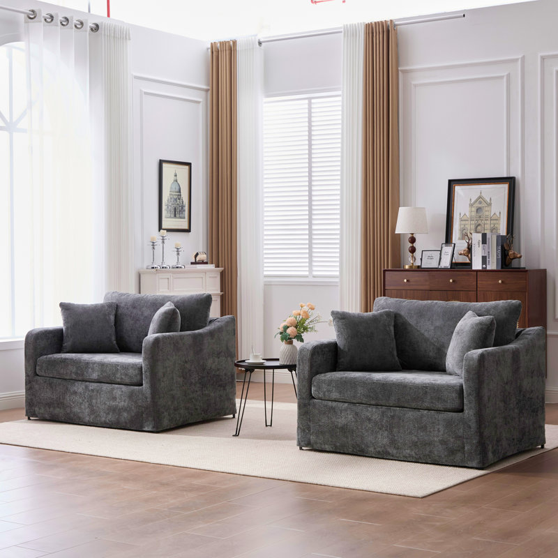 43.9" W Chenille Slipcovered Accent Armchair (Set Of 2), Charcoal