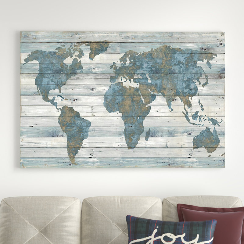 Carte du monde sur bois par Jamie Macdowell - reproduction, Toile tendue, Sans cadre, H 18 po x l 26 po x P 1,5 po