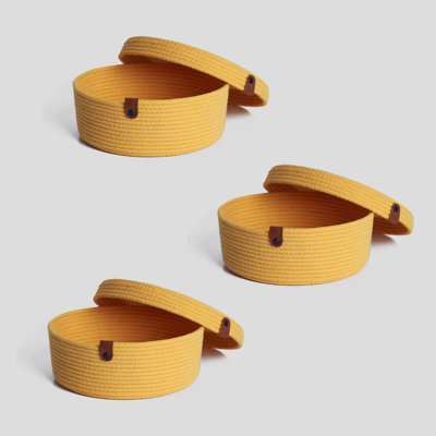 Handmade Cotton Basket Set (3 Pieces), Yellow Jute Rope Organizers, 9.8 x 9.8 x 4.3 Inches | 100% Cotton, Durable and Stylish Storage Solution for Home, Office, and Nursery | Perfect for Organizing Toys, Clothes & More