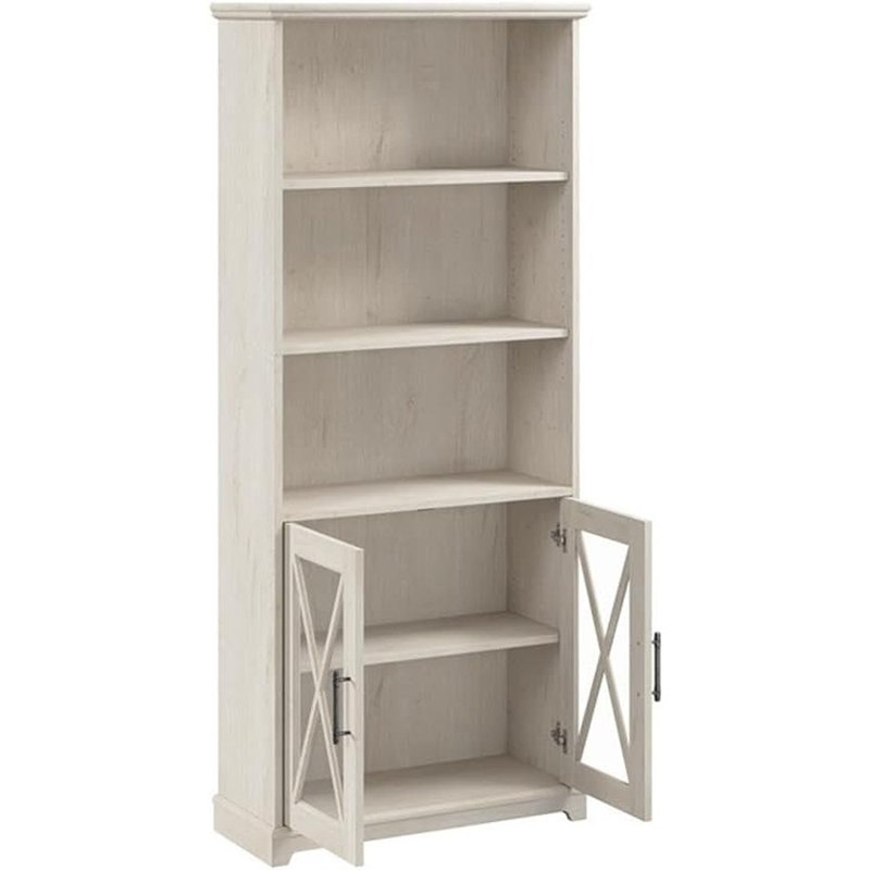 Bibliothèque haute Lennox à 5 tablettes avec portes en verre - Lin chêne blanc