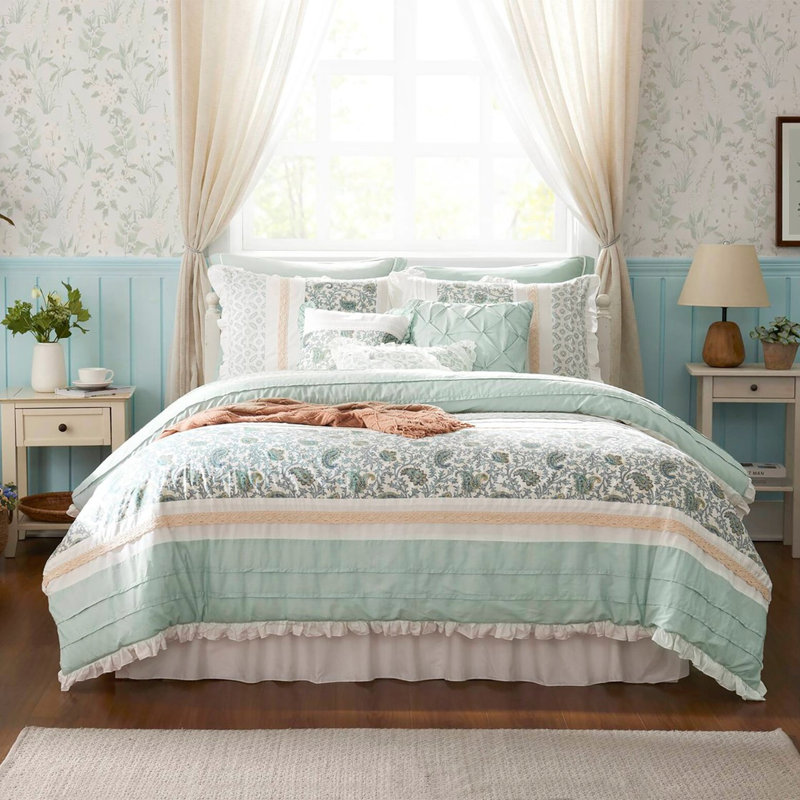 9 pièces pour chambre à coucher en coton pour grand lit - décor avec textiles imprimés et literie aube, Turquoise