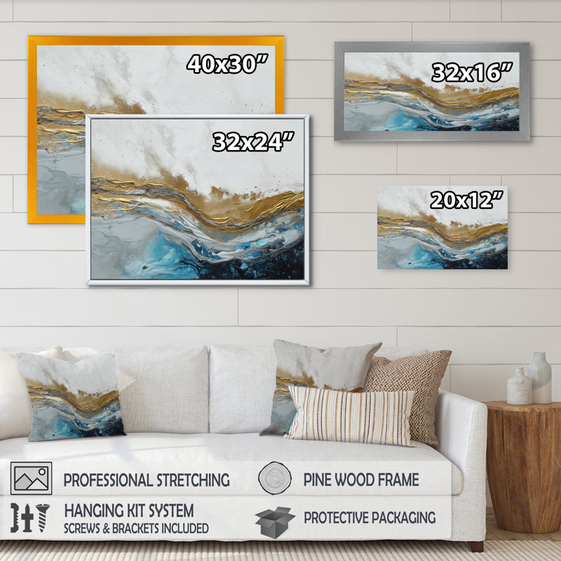 Gris, or moderne abstrait contemporain IV - art abstrait sur toile marbrée, H 30 po x l 40 po x P 1,5 po, Cadre flottant doré