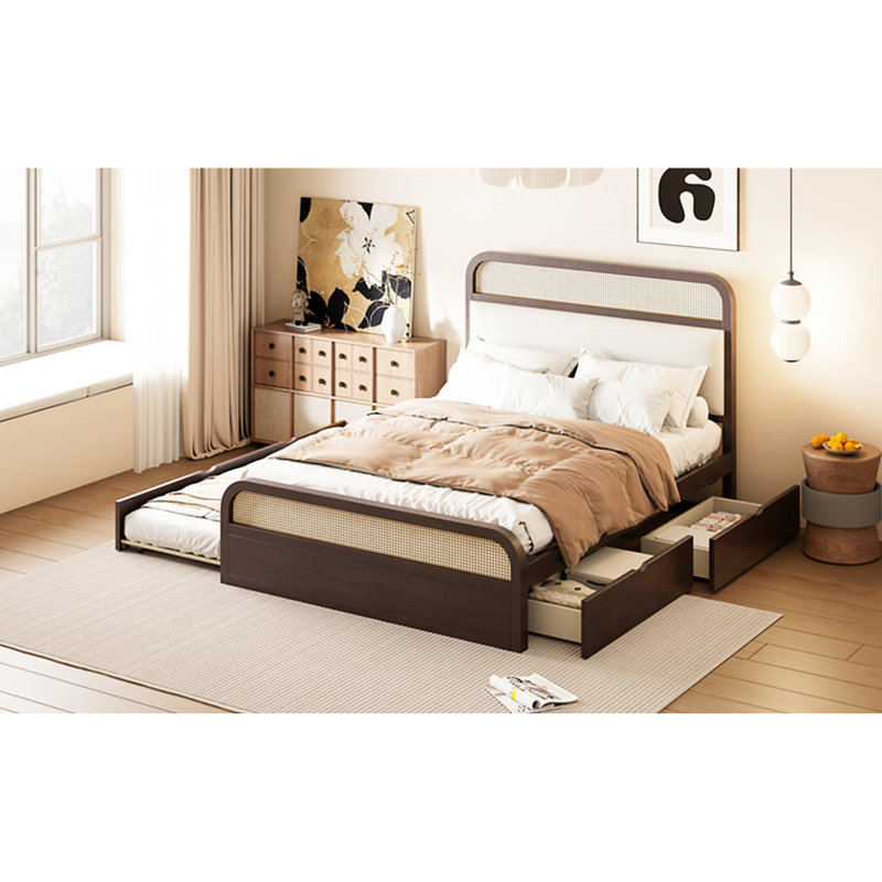 Grand lit plateforme en bois avec lit gigogne et 2 tiroirs, espresso