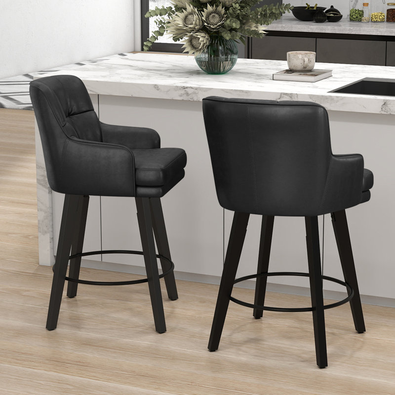 26''H Upholstered 360°Swivel Counter Height Bar Stools, Wood Legs Kitchen Island Chairs, Black, 2