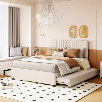 Lit plateforme tapissier beige avec 2 tiroirs et lit gigogne, tête de lit classique et fabrication en contreplaqué, organisation accrue de la chambre à coucher, tête de lit simple à assembler, robustesse et maximisation