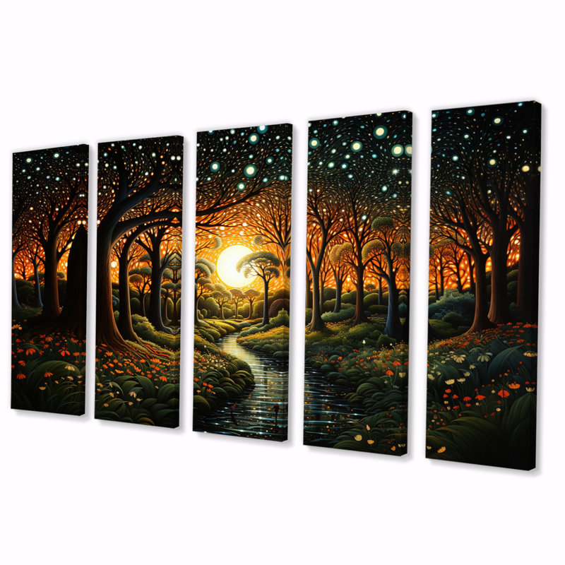 Brown Enchanted Forest Pointillism - Landscapes Wall Art Living Room - 5 Equal Panels