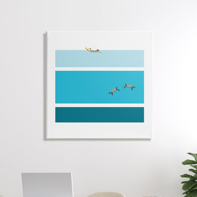 " Sea Turtles Under Scuba Diver Geometric Blue Stripes "