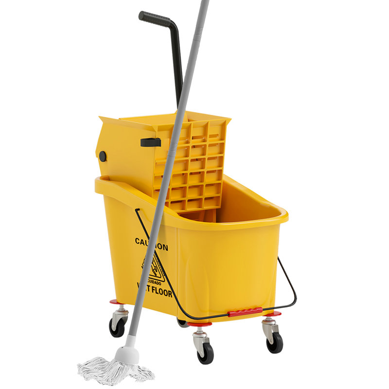 Mop Bucket with Wringer on Wheels for Floor Cleaning, 38 Quart Down Press Wringer with Handle and Mop, Yellow