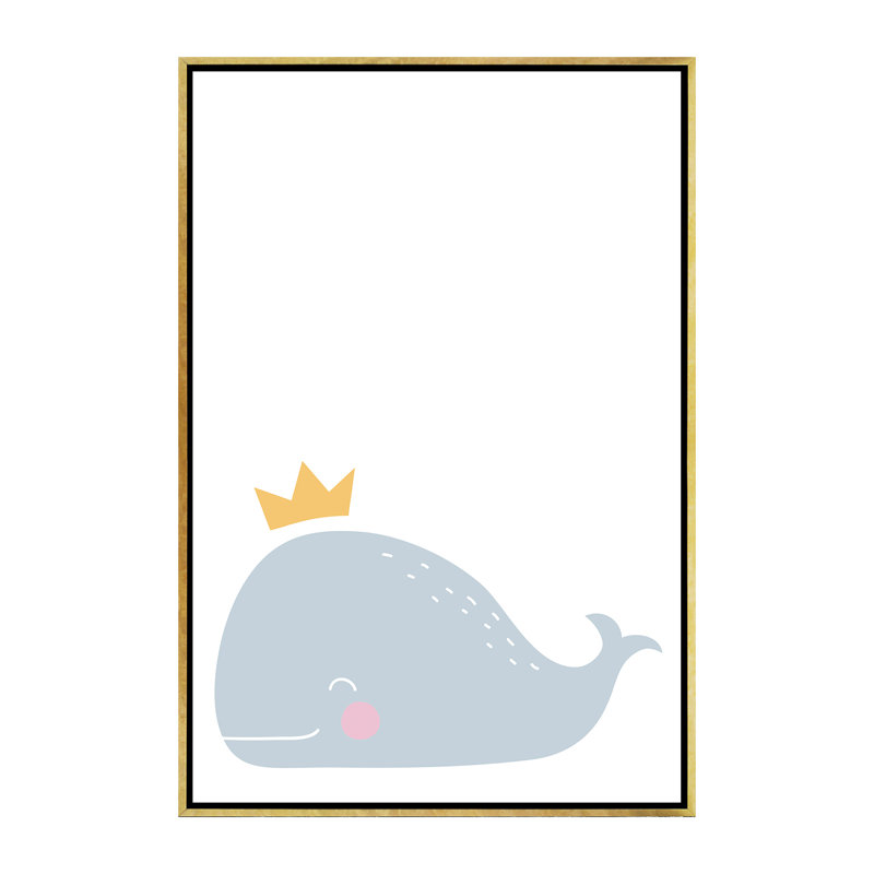 Baleine avec couronne - impression d'art graphique, H 60 po x l 40po x P 1,5 po, Toile encadrée d'or, Pas de tapis