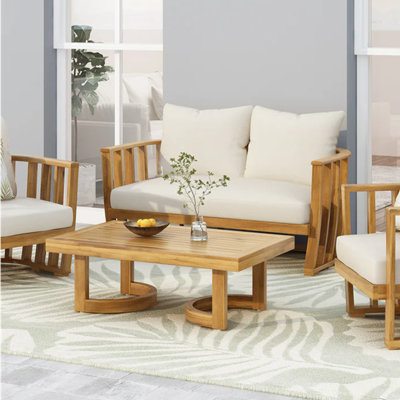 Outdoor Acacia Wood Loveseat And Coffee Table Set With Cushions, Teak, Beige (One Coffee Table And One Loveseat)