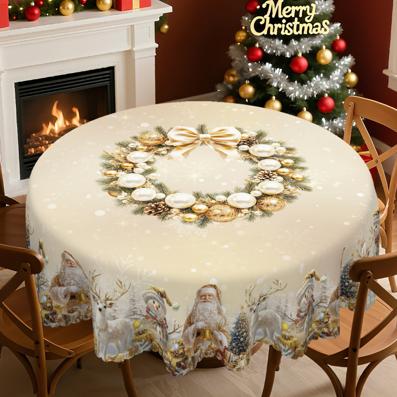 Nappe blanche en polyester lavable motif père Noël et bonhomme de neige