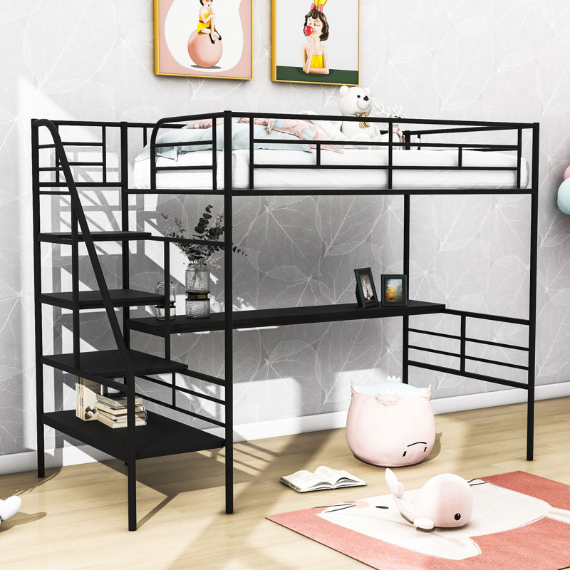 Twin Size Metal Loft Bed With Built-In-Desk