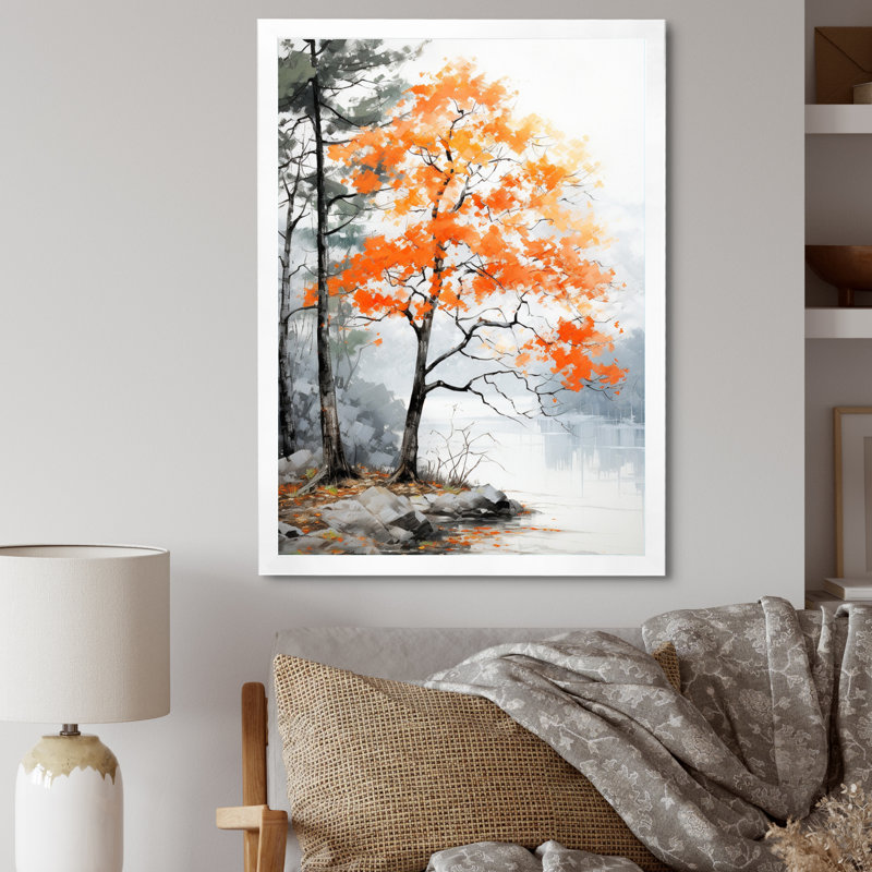 Orange et gris, forêt, automne, élégance I - art mural forêt, H 40 po x l 30 po x P 1,5 po, Cadre simple blanc