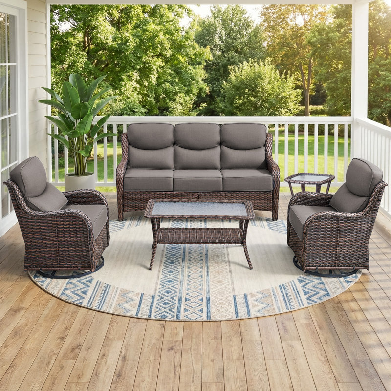 Ensemble de conversation de patio en osier 5 pièces avec table basse et chaises pivotantes de luxe de 6 pouces Abbey, Gris