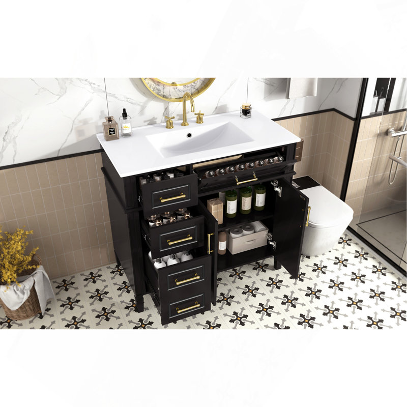 Meuble-lavabo de 36 pouces avec lavabo, meuble-lavabo simple noir à 4 tiroirs (1 tiroir rabattable), 2 portes et tablette réglable, armoire en bois de pin et en panneau de fibres à densité moyenne avec lavabo en céramique, charnières à fermeture en douceur