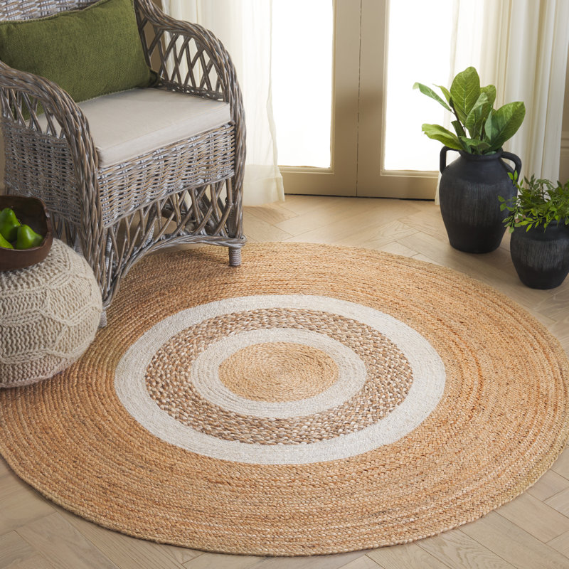 Natural Fiber Handwoven Jute Geometric Rug, Round 5'