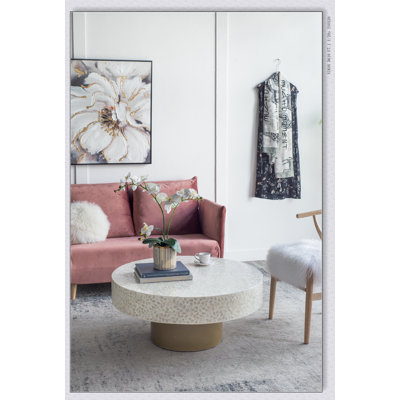 Unique Cream Capiz Coffee Table With Gold Pedestal Base, Perfect For Luxe And Bohemian Interiors