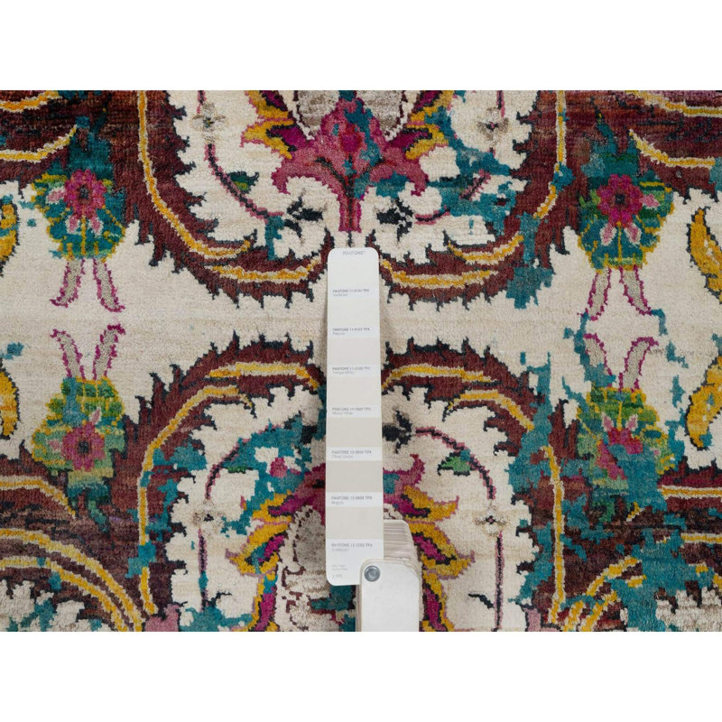 Tapis oriental noué à la main 5 pi x 7 pi 1 po blanc crème en laine et soie Sari