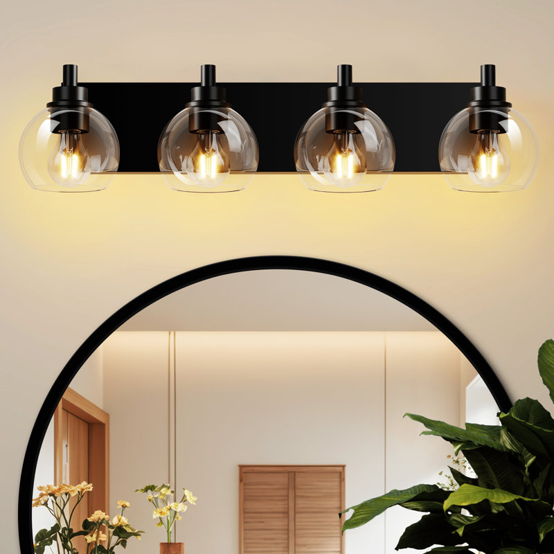 Luminaires de salle de bain, luminaire de salle de bain noir mat à 4 lumières sur miroir, appliques murales modernes de 26 po avec abat-jour en verre transparent, appliques murales de salle de bain pour miroir de couloir de cuisine