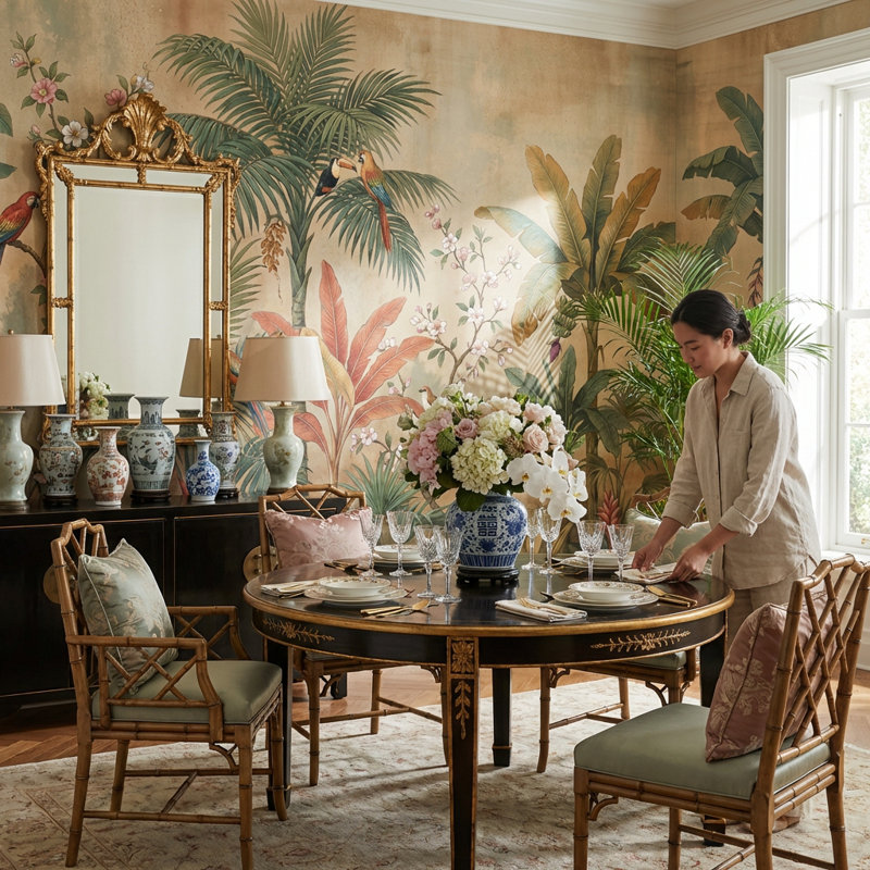 Papier peint exotique tropical avec papier peint oiseaux tropicaux, 120" x 96", Peler et coller
