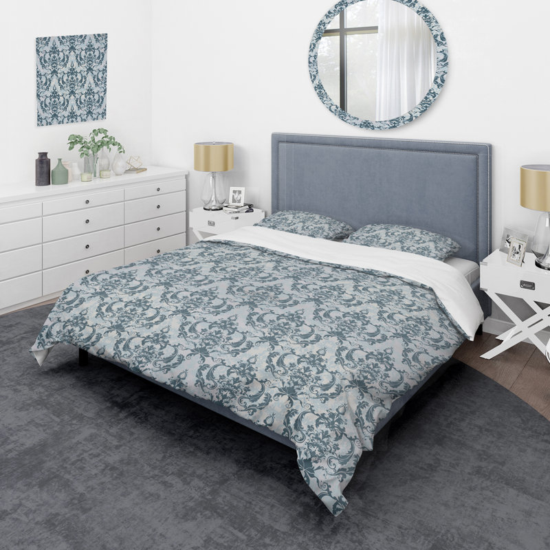 Grey Damask - Abstract Duvet Cover Set - Microfiber Polyester, Queen Duvet Cover + 2 Standard Shams