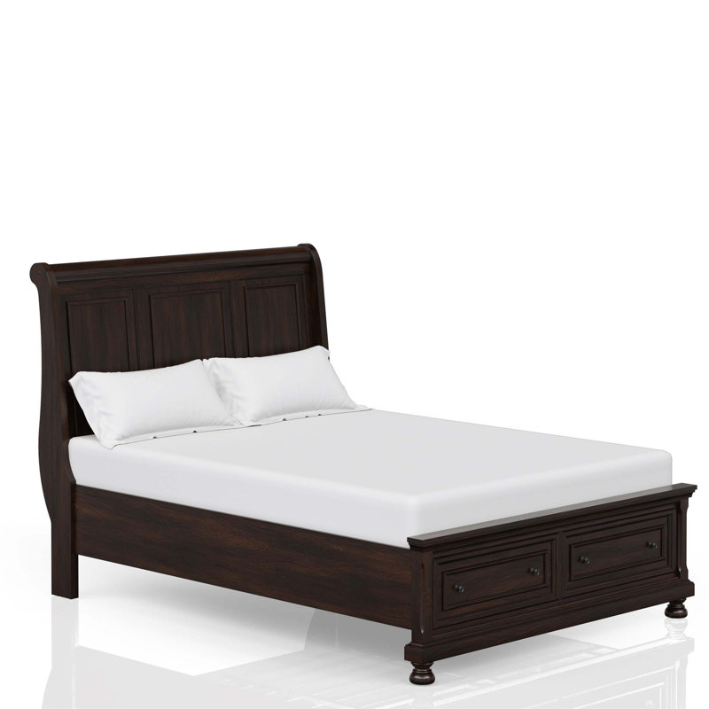 Grand lit de rangement en cerisier foncé de conception transitionnelle avec construction robuste et deux tiroirs de rangement pour un espace de sommeil confortable et organisé