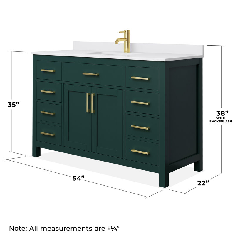 Beckett 54" Freestanding Single Bathroom Vanity with Cultured Marble Top, White Cultured Marble, Brushed Gold, Green