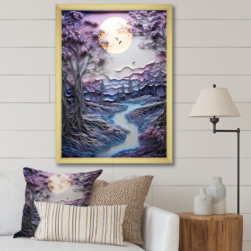 «Mauve Winter River Landscape Collage III», art mural paysage d'hiver, H 32 po x l 24 po x P 1 po, Cadre doré simple