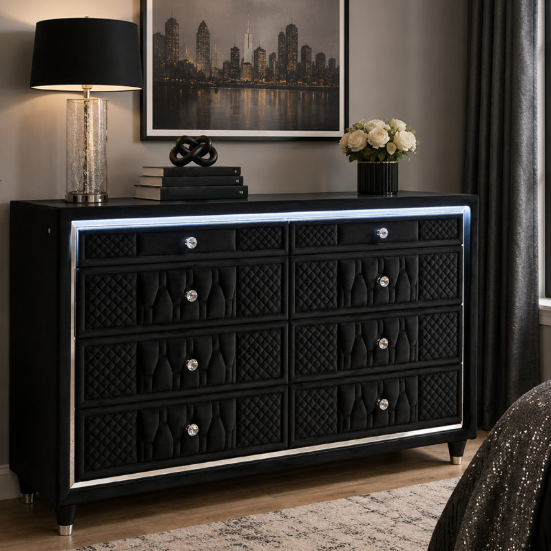 Commode large Maren, 8 tiroirs et lumière DEL, velours capitonné noir, plateau en verre