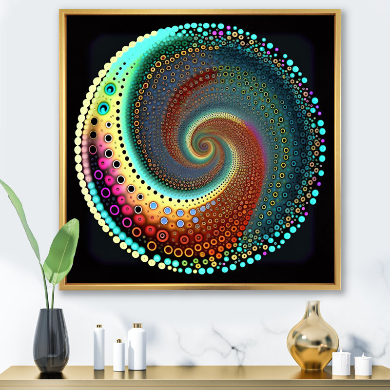 Iridiscdent pointillisme spirale nuances de turquoise - imprimé, H 24 po x l 24 po x P 1 po, Cadre flottant doré