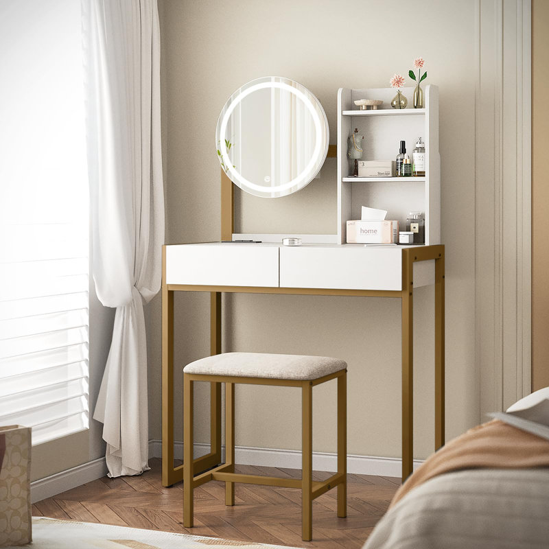 Ensemble de meuble-lavabo compact 31,5 "avec miroir lumineux à DEL et prise de courant, blanc / or, Doré