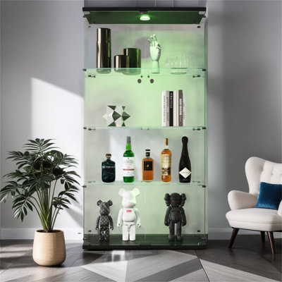 Armoire éclairée à deux portes en verre noir pour présentoir - 65,42H x 31,89L 14,73W, 4 tablettes avec lumières et 12 réglages de couleurs par télécommande, bois massif trempé, coffre-fort, verrou de sécurité, capacité de poids de 15 lb par