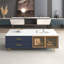Table basse rectangulaire bleu foncé avec rangement en verre, 4 tiroirs, pieds dorés et éclairage multicolore pour le salon